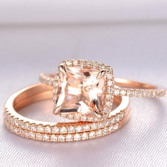 3pcs A Set Rose Gold Luxury CZ Champagne Stone Wedding Ring for Women,… - Picture 3 of 6